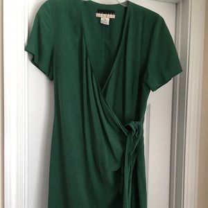 Green silk wrap dress.